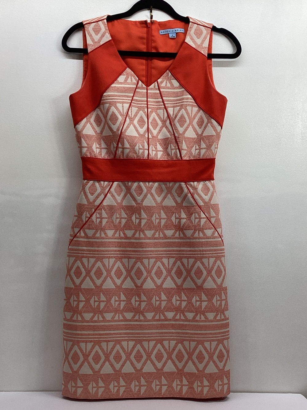 ANTONIO MELANI Coral and Cream Geometric Midi Sheath Dress